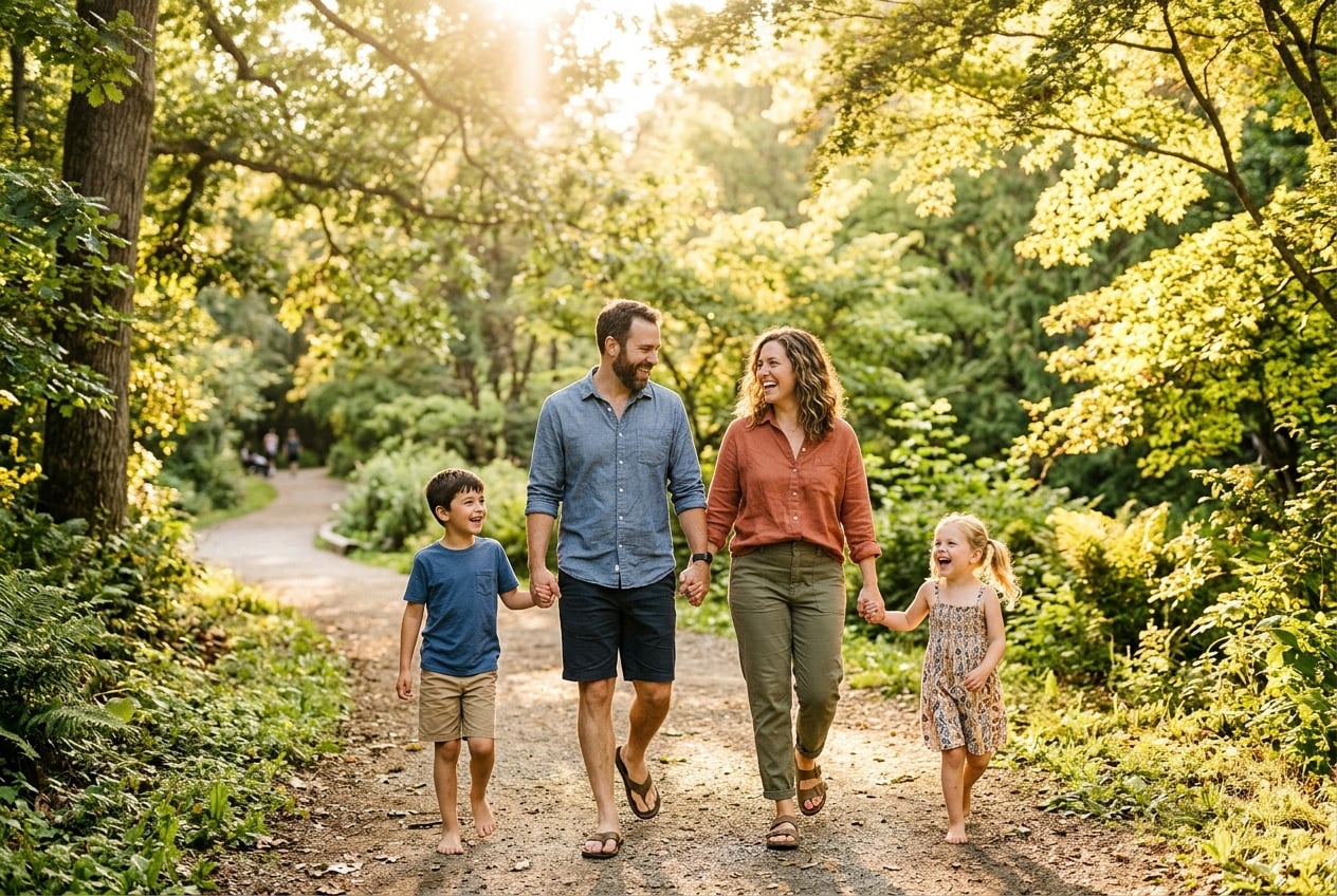 A happy, active family outdoors after addressing food and environmental triggers