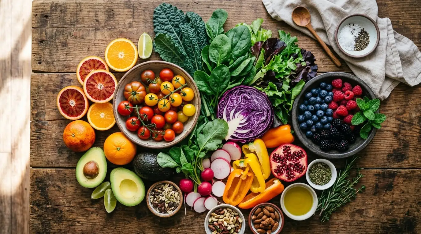 A colourful spread of fresh whole foods used to build a personalised intolerance management plan