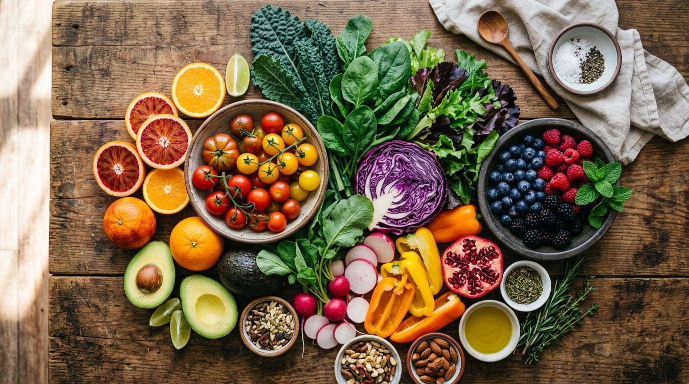 A colourful spread of fresh whole foods used to build a personalised intolerance management plan