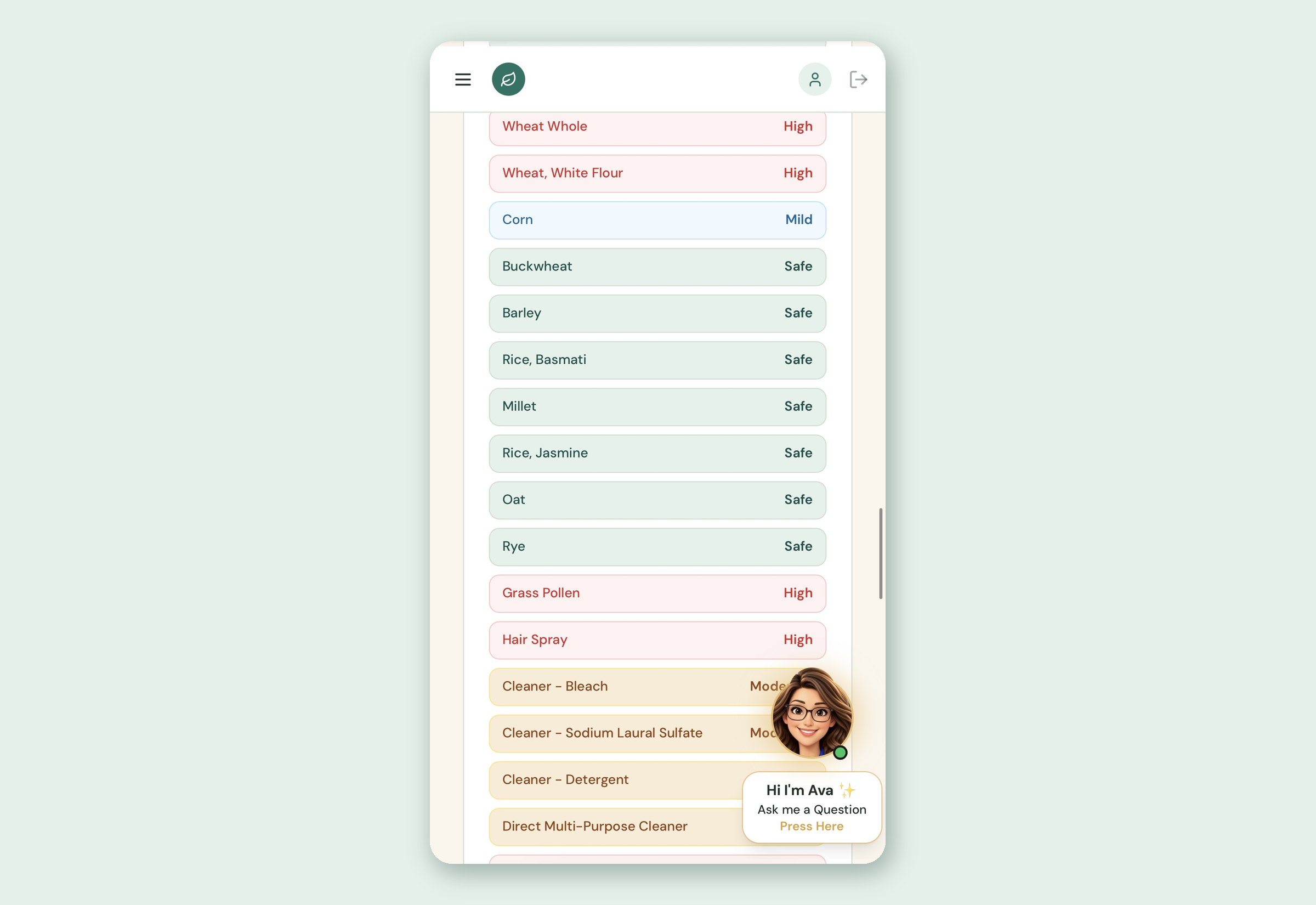 Actual patient portal screen showing food intolerance test results as a clear colour-coded food list, with sample anonymous demo data