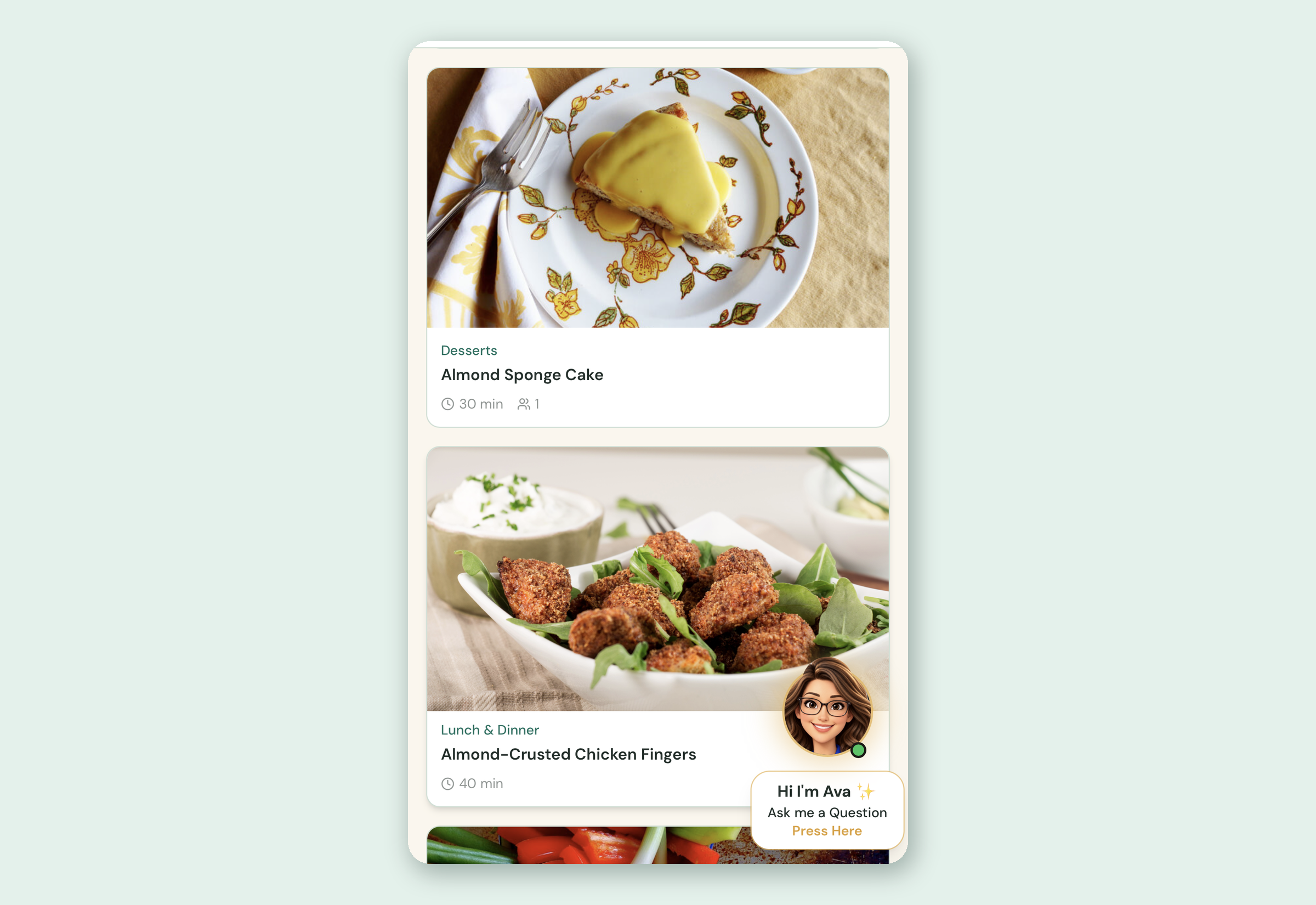 Actual patient portal recipe database screen, shown with sample anonymous demo data