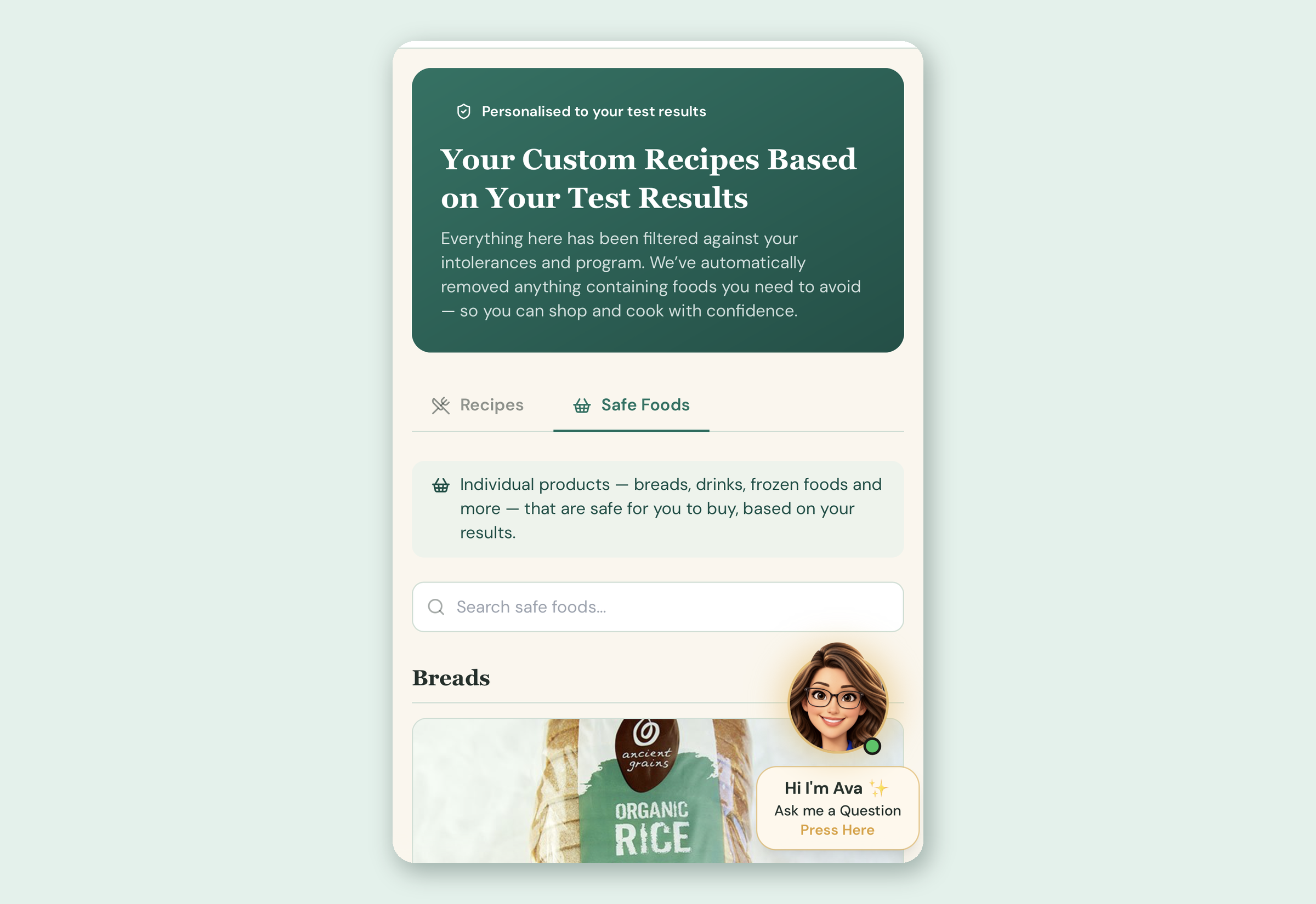 Actual patient portal shopping list screen with real branded products, shown with sample anonymous demo data