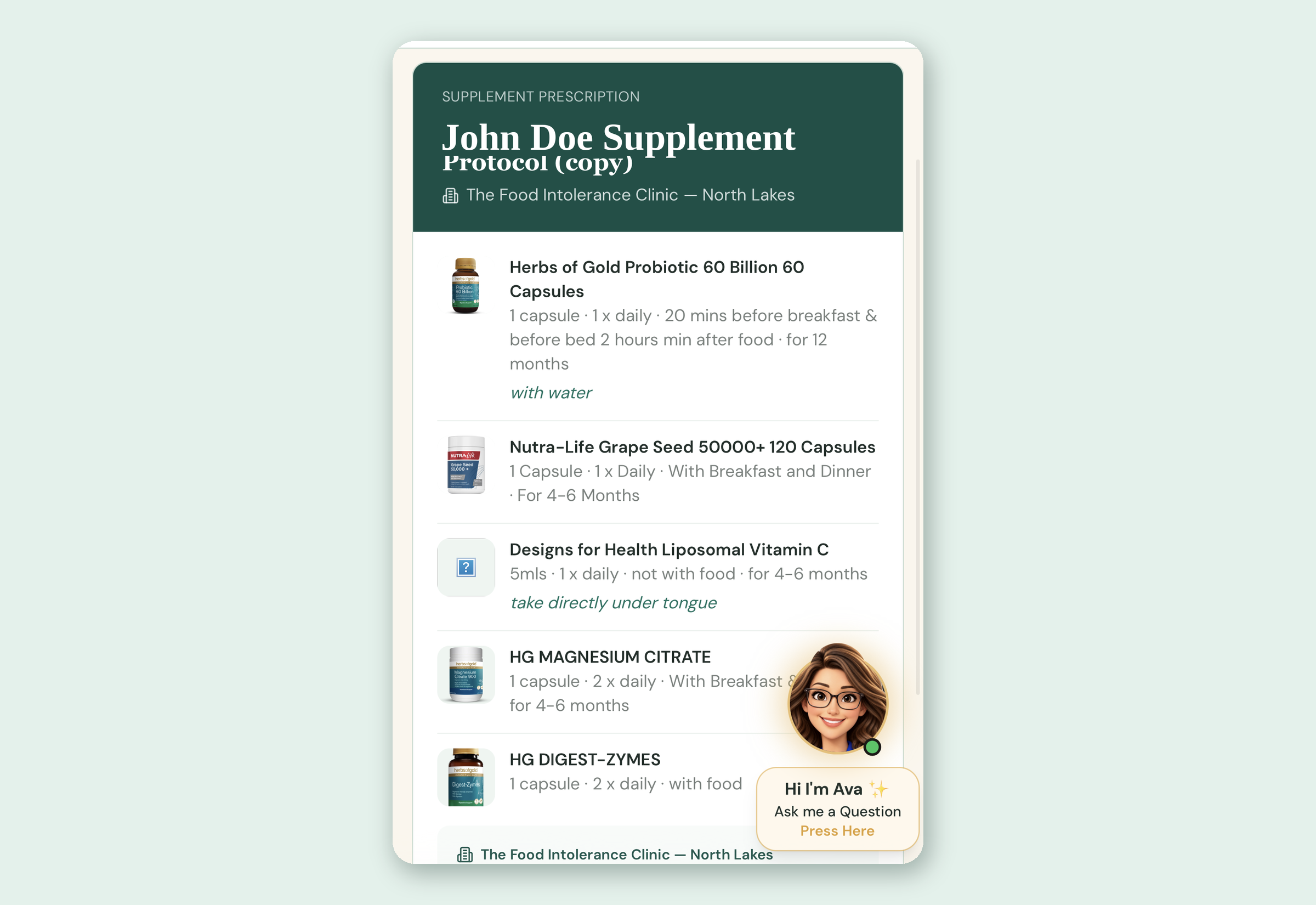 Actual patient portal supplement protocol screen, shown with sample anonymous demo data