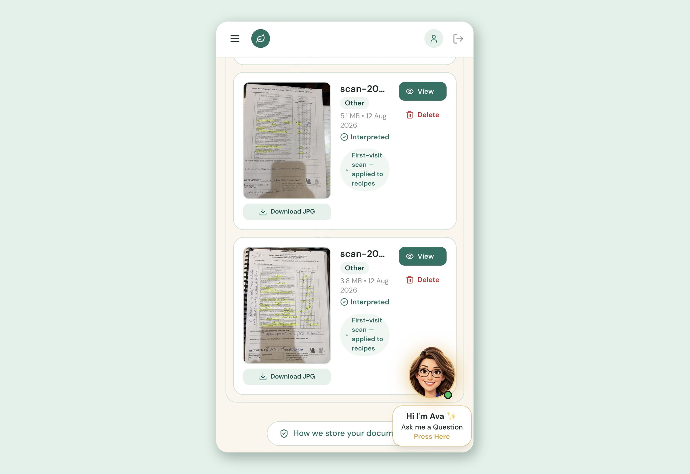 Actual patient portal secure document storage screen, shown with sample anonymous demo data