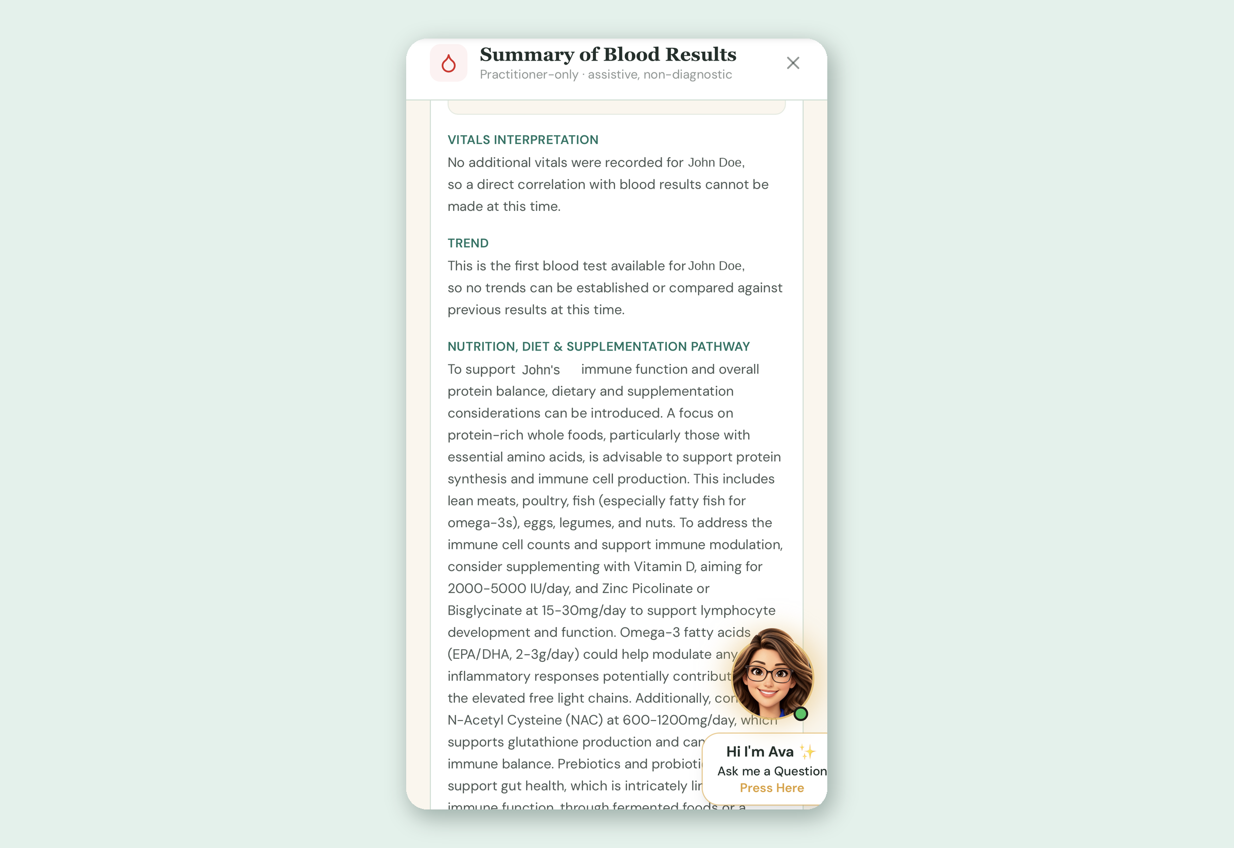 Actual patient portal blood results summary screen, shown with sample anonymous demo data