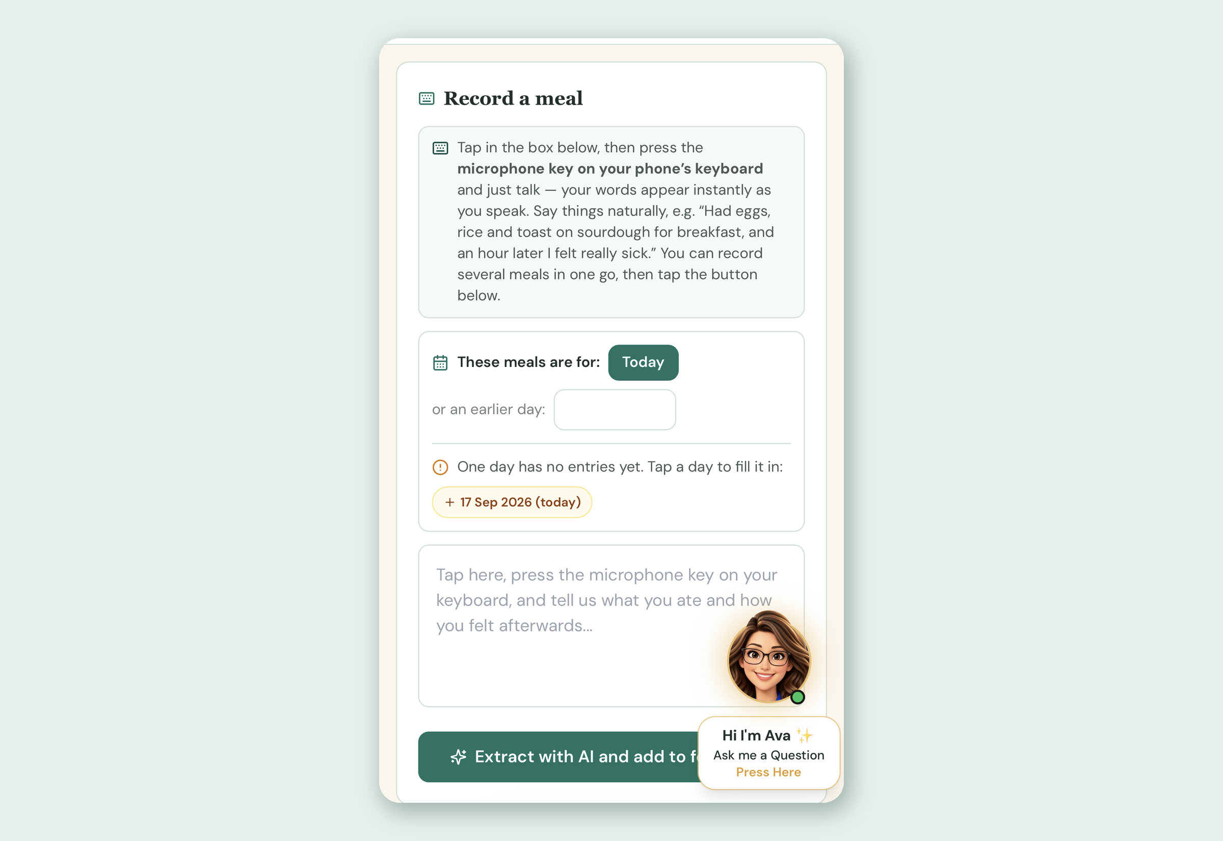 Actual patient portal speech-to-text food diary screen, shown with sample anonymous demo data