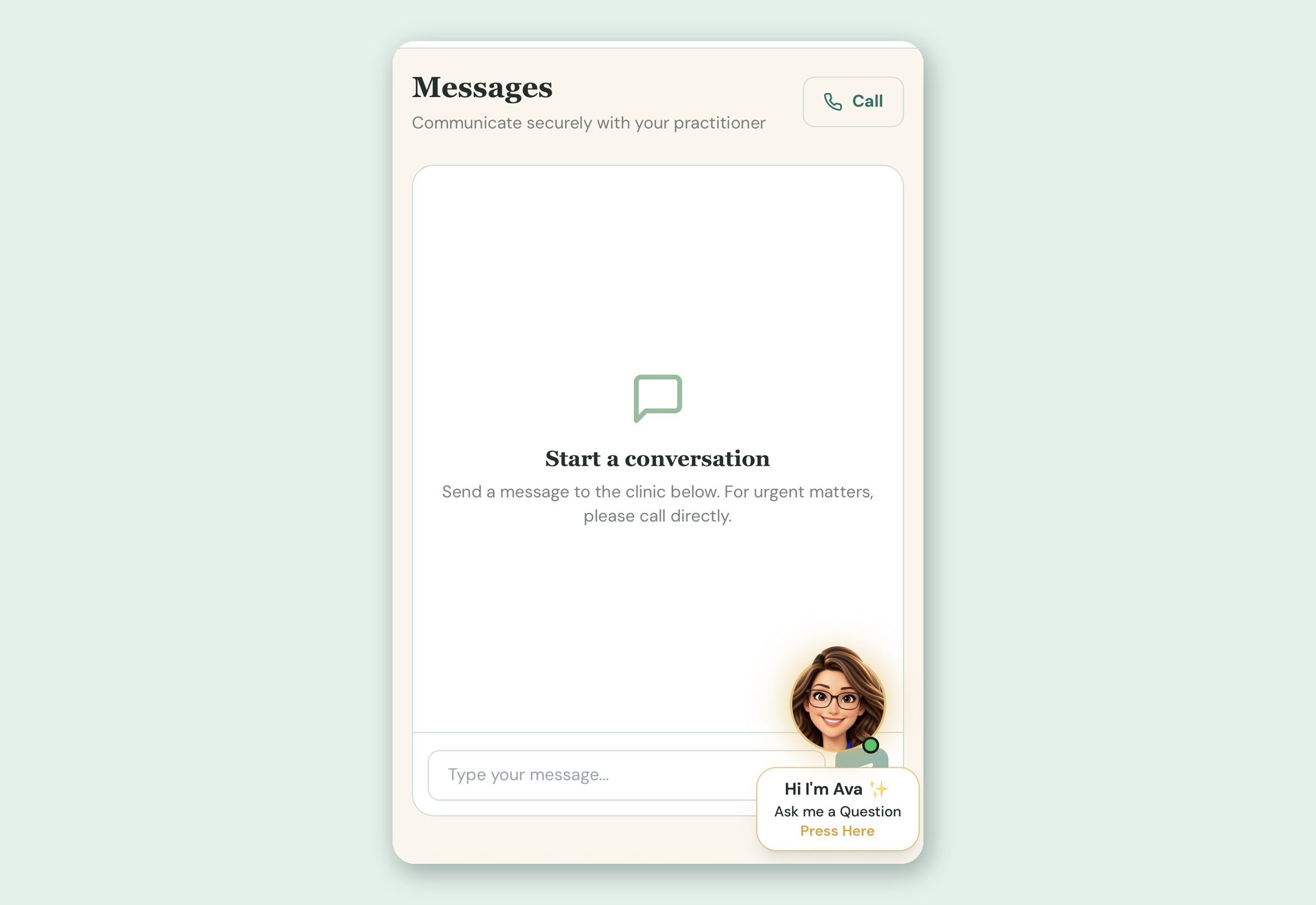 Actual patient portal secure message service screen, shown with sample anonymous demo data