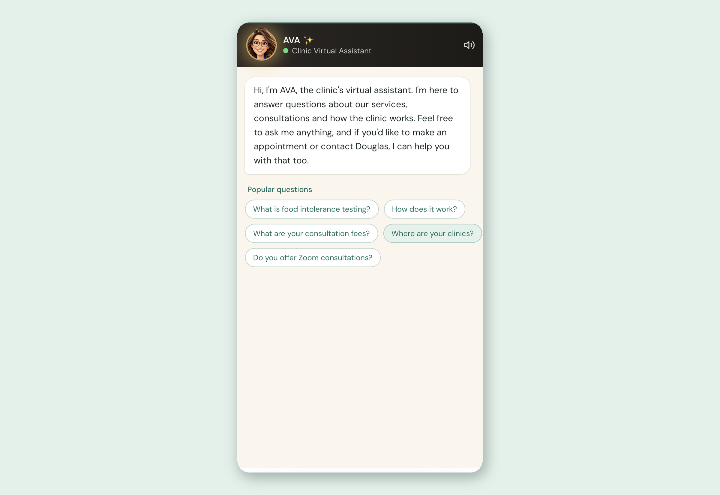The Food Intolerance Clinic secure patient portal shown with sample, anonymous demo data